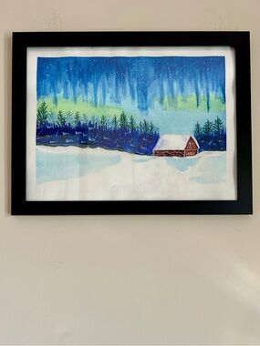 Original Watercolor Winter Cabin Snow Scene Framed Rustic Wall Art